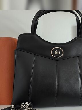 Gucci Black Leather PETIT GG  Top-Handle Bag with GG Logo